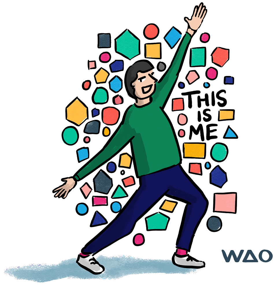 Person surrounded by colorful shapes with text "THIS IS ME"